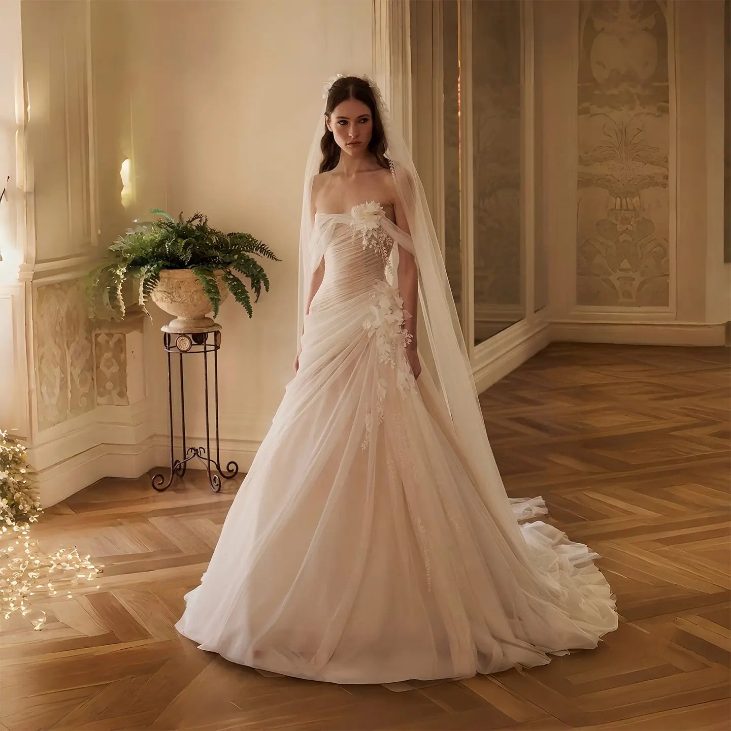 Dreamy Ivory Strapless 3D Floral Draped Wedding Dress with Veil SW232