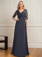 A-line V-Neck Floor-Length Lace Chiffon Mother of the Bride Dress With Pleated Sequins by Dreamylily