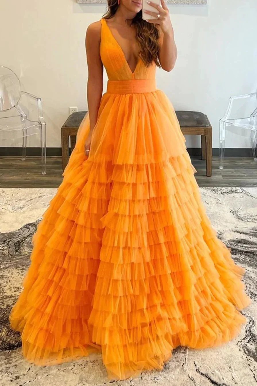 Reese |A-line Orange V-Neck Tulle Long Prom Dress by KissProm