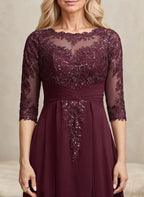 A-line Scoop Illusion Asymmetrical Lace Chiffon Mother of the Bride Dress With Pleated Sequins by Dreamylily