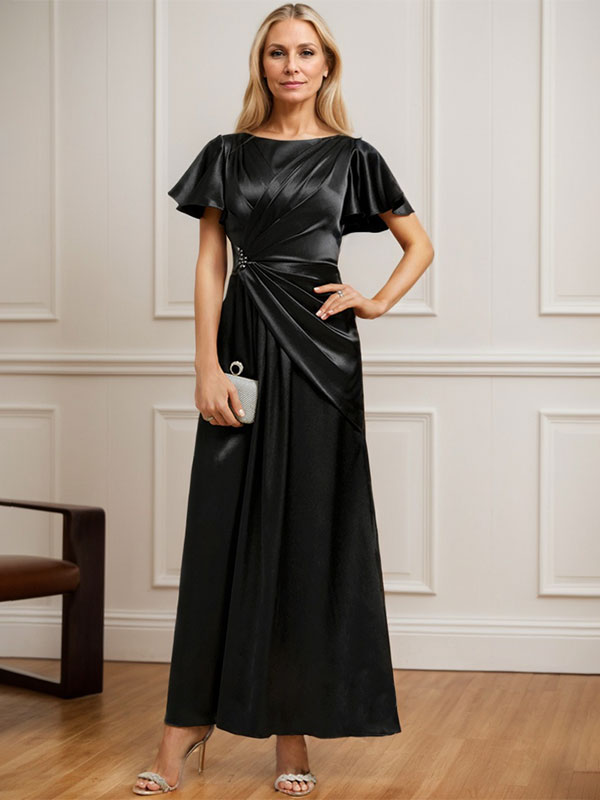 A-line Scoop Ankle-Length Stretch Satin Mother of the Bride Dress With Pleated Beading Hover Image
