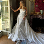 Romantic White Strapless 3D Floral Lace Mermaid Wedding Dress with Overskirt SW222