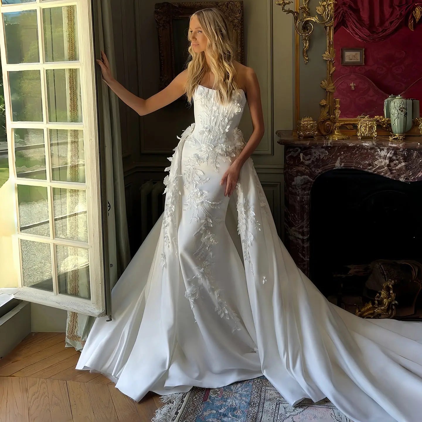 Romantic White Strapless 3D Floral Lace Mermaid Wedding Dress with Overskirt SW222