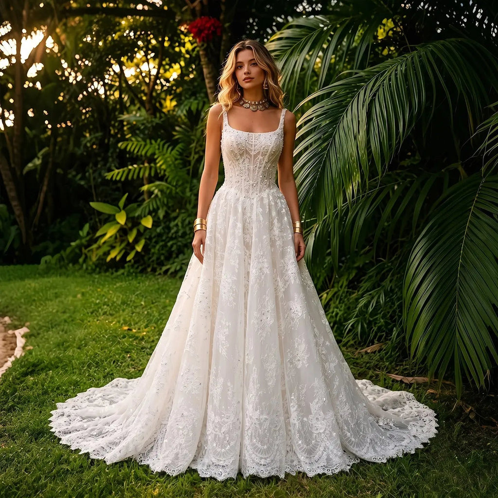 White Lace Spaghetti Strap Bridal Gown Square Neck Beaded Corset Ball Gown SW612