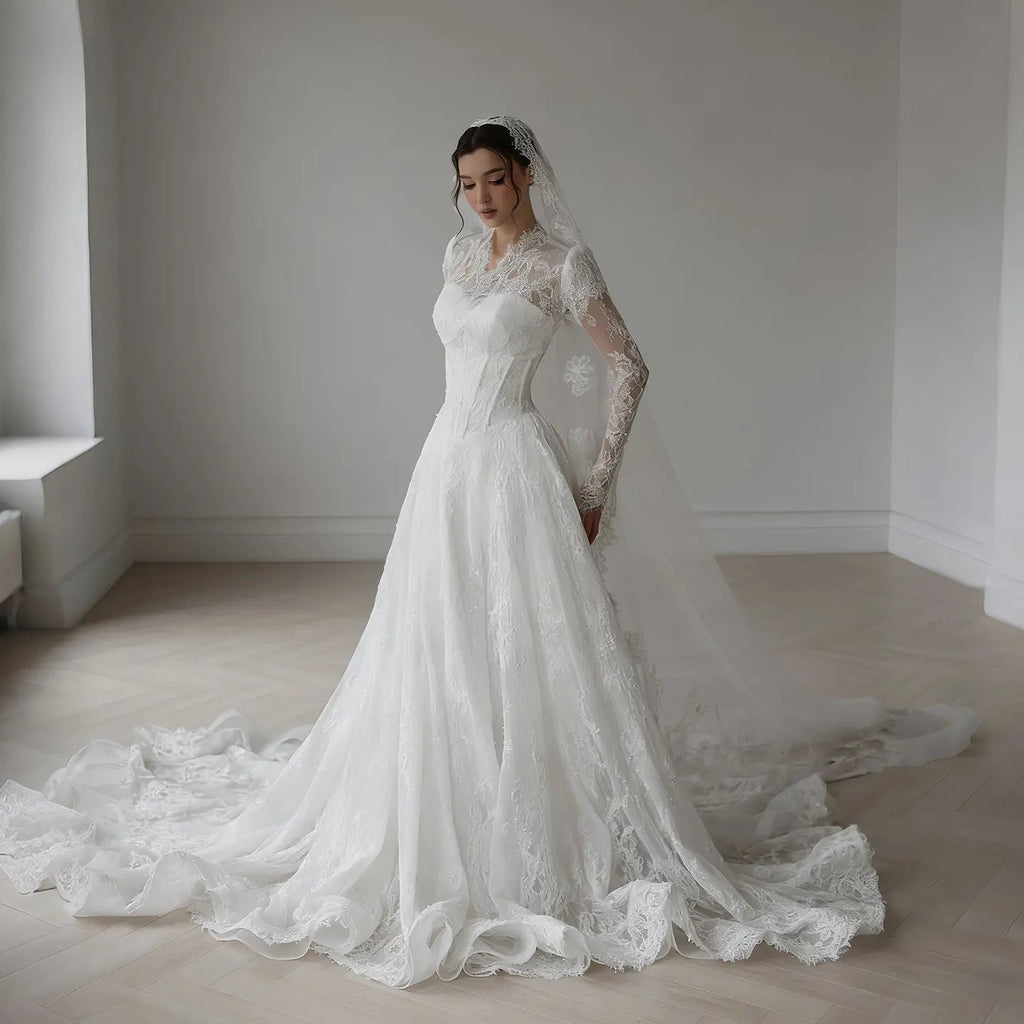 Romantic White Lace Long Sleeve A-Line Wedding Dress with Veil SW273