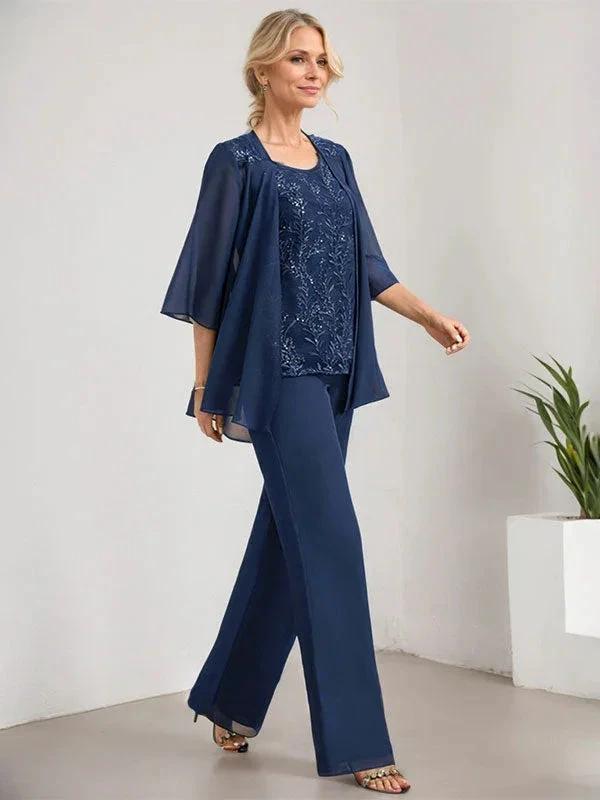 Separates Jumpsuit/Pantsuit Scoop Floor-Length Lace Chiffon Mother of the Bride Dress With Sequins by Dreamylily