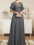 A-line Scoop Illusion Floor-Length Lace Chiffon Mother of the Bride Dress With Sequins by Dreamylily