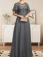 A-line Scoop Illusion Floor-Length Lace Chiffon Mother of the Bride Dress With Sequins by Dreamylily