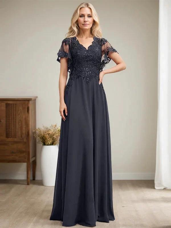 A-line V-Neck Floor-Length Lace Chiffon Mother of the Bride Dress With Sequins by Dreamylily