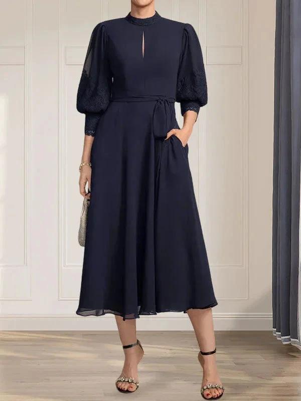 A-line High Neck Tea-Length Lace Chiffon Mother of the Bride Dress With Bow by Dreamylily