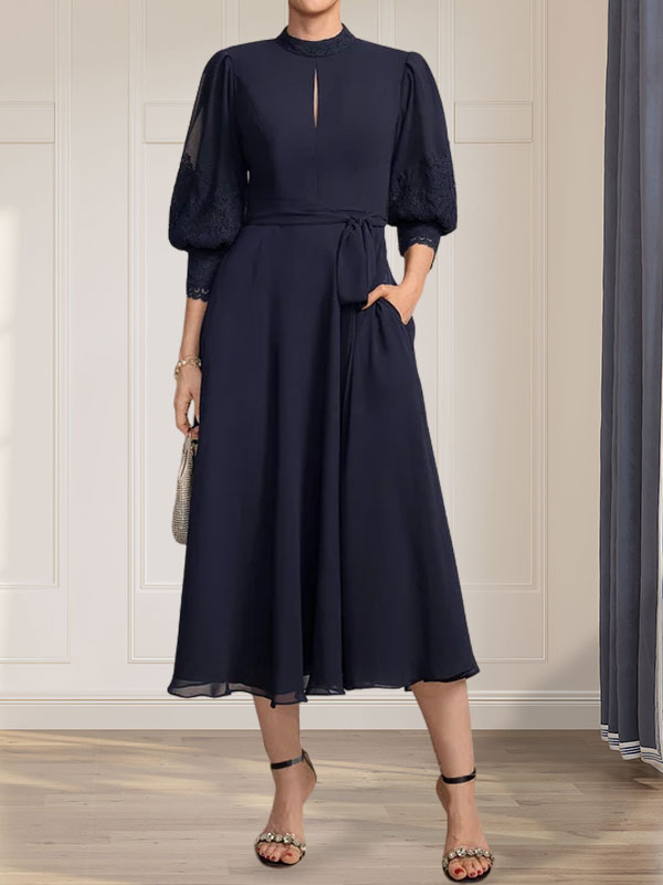 A-line High Neck Tea-Length Lace Chiffon Mother of the Bride Dress With Bow Hover Image