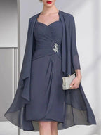 Sheath/Column Sweetheart Knee-Length Chiffon Mother of the Bride Dress With Beading Appliques Lace Sequins Pleated by Dreamylily