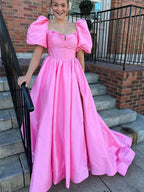 Lynette | Square Neck Fuchsia Puff Sleeves A-Line Prom Dress by KissProm