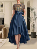 A-line Scoop Asymmetrical Satin Sequin Lace Mother of the Bride Dress With Bow by Dreamylily