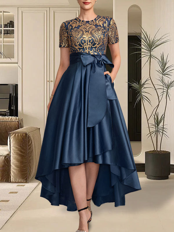 A-line Scoop Asymmetrical Satin Sequin Lace Mother of the Bride Dress With Bow Hover Image