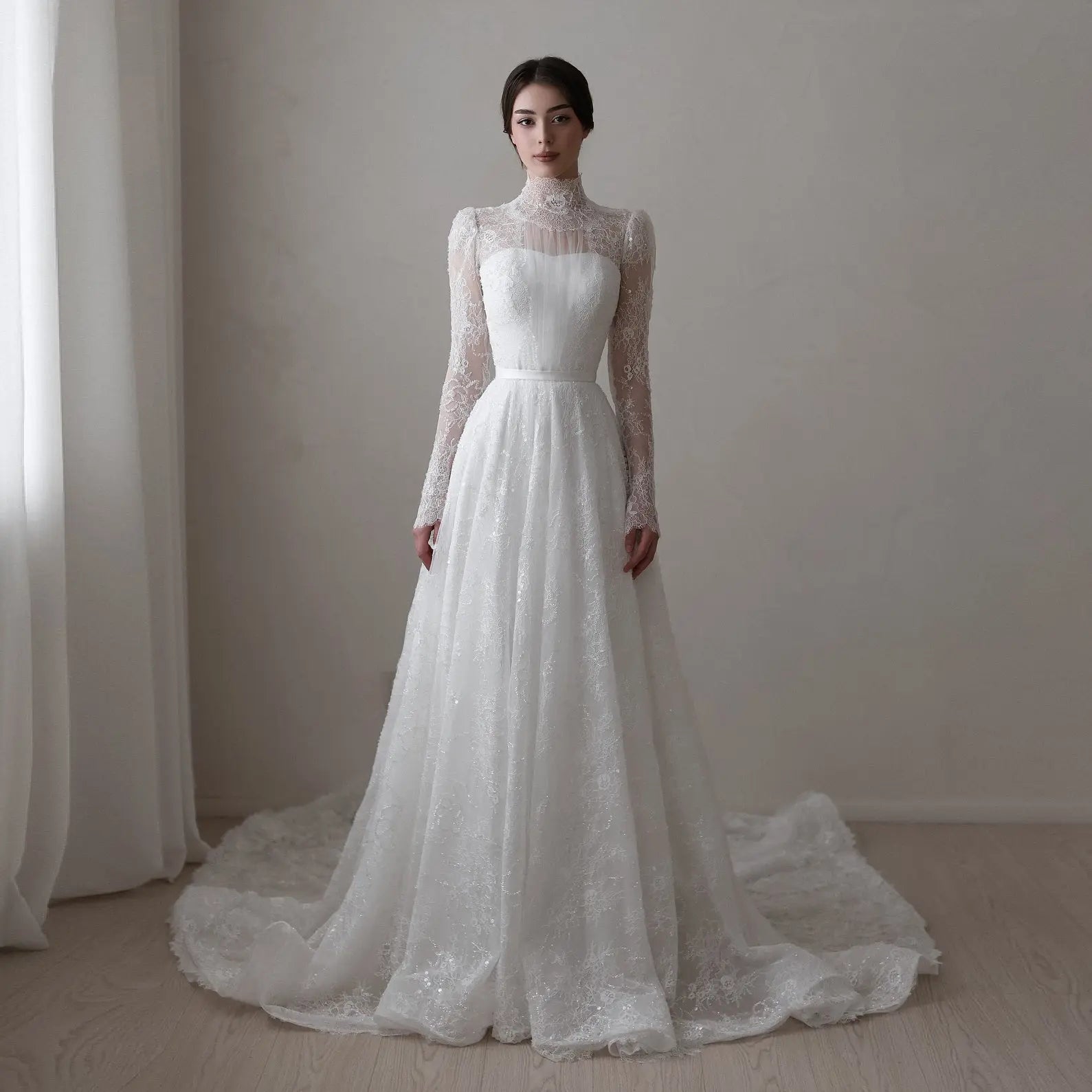 Elegant Sequin Printed Long Sleeve Wedding Dress SW536