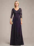 A-line V-Neck Floor-Length Lace Chiffon Mother of the Bride Dress With Cascading Ruffles Sequins by Dreamylily