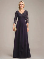 A-line V-Neck Floor-Length Lace Chiffon Mother of the Bride Dress With Cascading Ruffles Sequins by Dreamylily