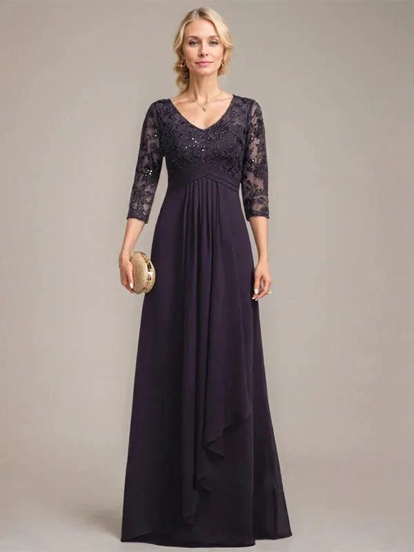 A-line V-Neck Floor-Length Lace Chiffon Mother of the Bride Dress With Cascading Ruffles Sequins by Dreamylily