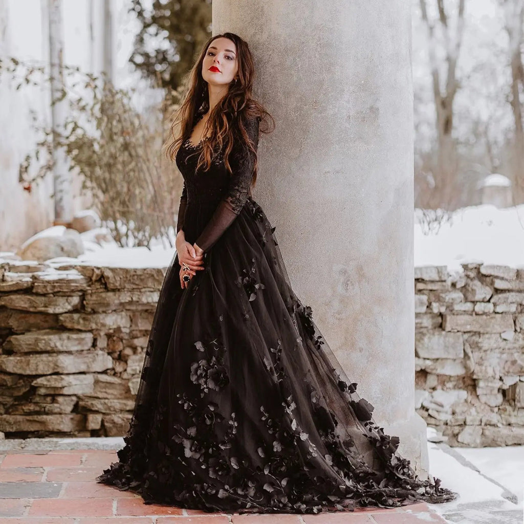 Black Luxury Gothic Wedding Dress 3D Floral Lace Tulle Sweep Train SW551
