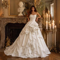 White Ruched Bodice Tiered Voluminous Satin Bridal Gown SW628
