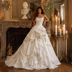 White Ruched Bodice Tiered Voluminous Satin Bridal Gown SW628