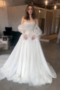 White Draped Pearl Tulle Ball Gown Bridal Dress with Puff Sleeves SW663