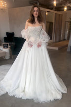 White Draped Pearl Tulle Ball Gown Bridal Dress with Puff Sleeves SW663