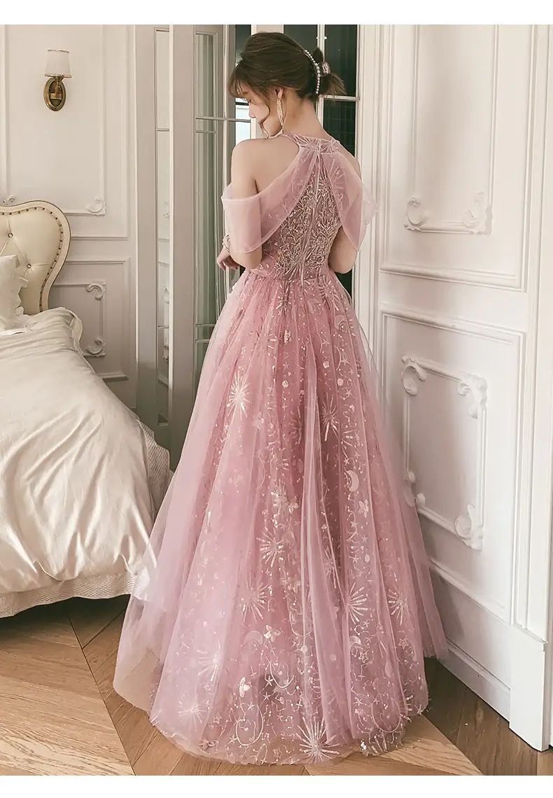 Pink Tulle A-line Long Formal Dresses, Pink High Neckline Party Dresses Prom Dresses by tangjianjun