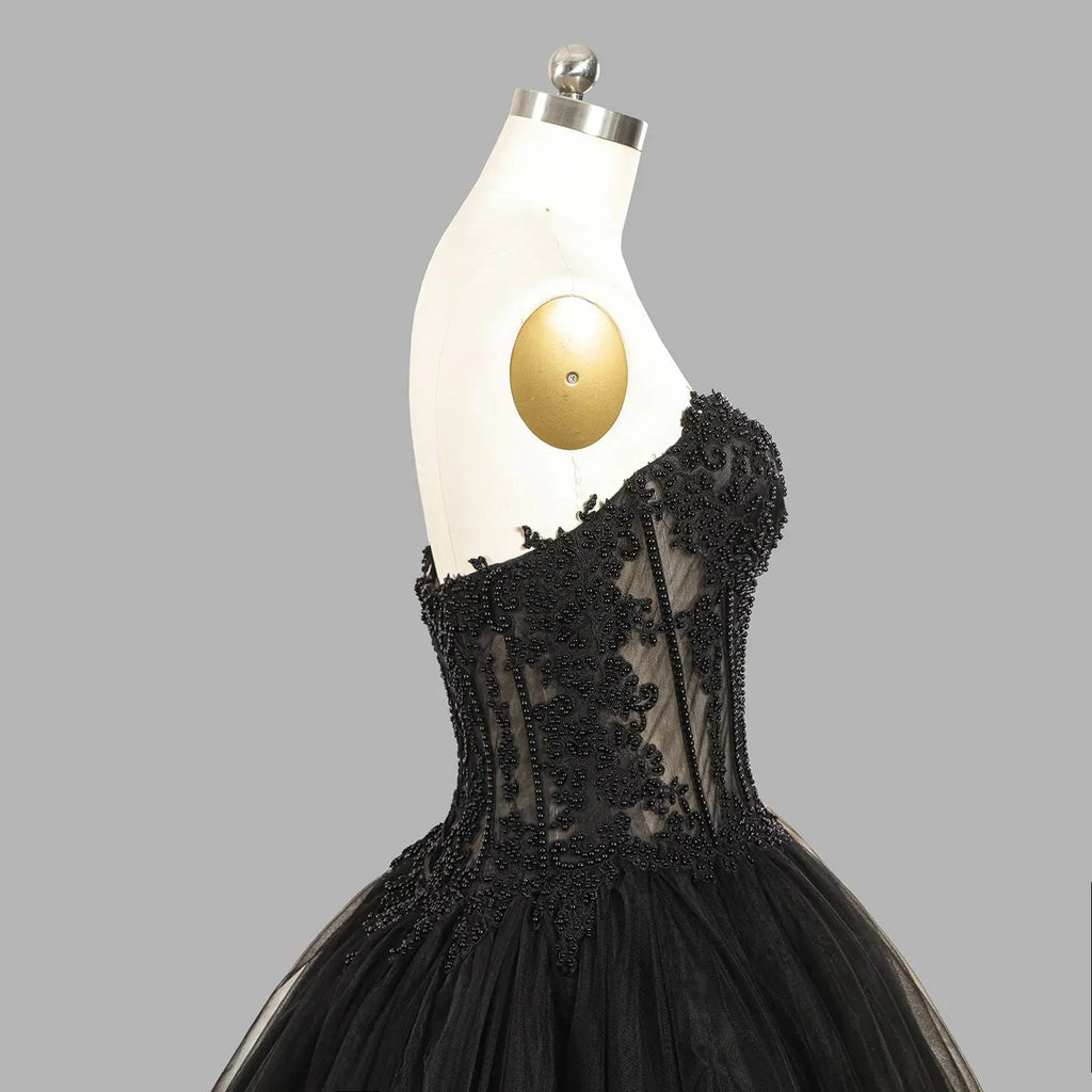 Black Lace Heavy Gothic Beading Wedding Dress Ballgown Corset Closure  SW567