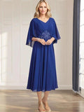 A-line V-Neck Tea-Length Chiffon Mother of the Bride Dress With Pleated Sequins Appliques Lace Beadind by Dreamylily