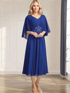 A-line V-Neck Tea-Length Chiffon Mother of the Bride Dress With Pleated Sequins Appliques Lace Beadind by Dreamylily