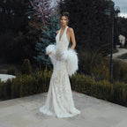 White Halter Backless Lace Mermaid Wedding Dress with Feather Shawl SW133