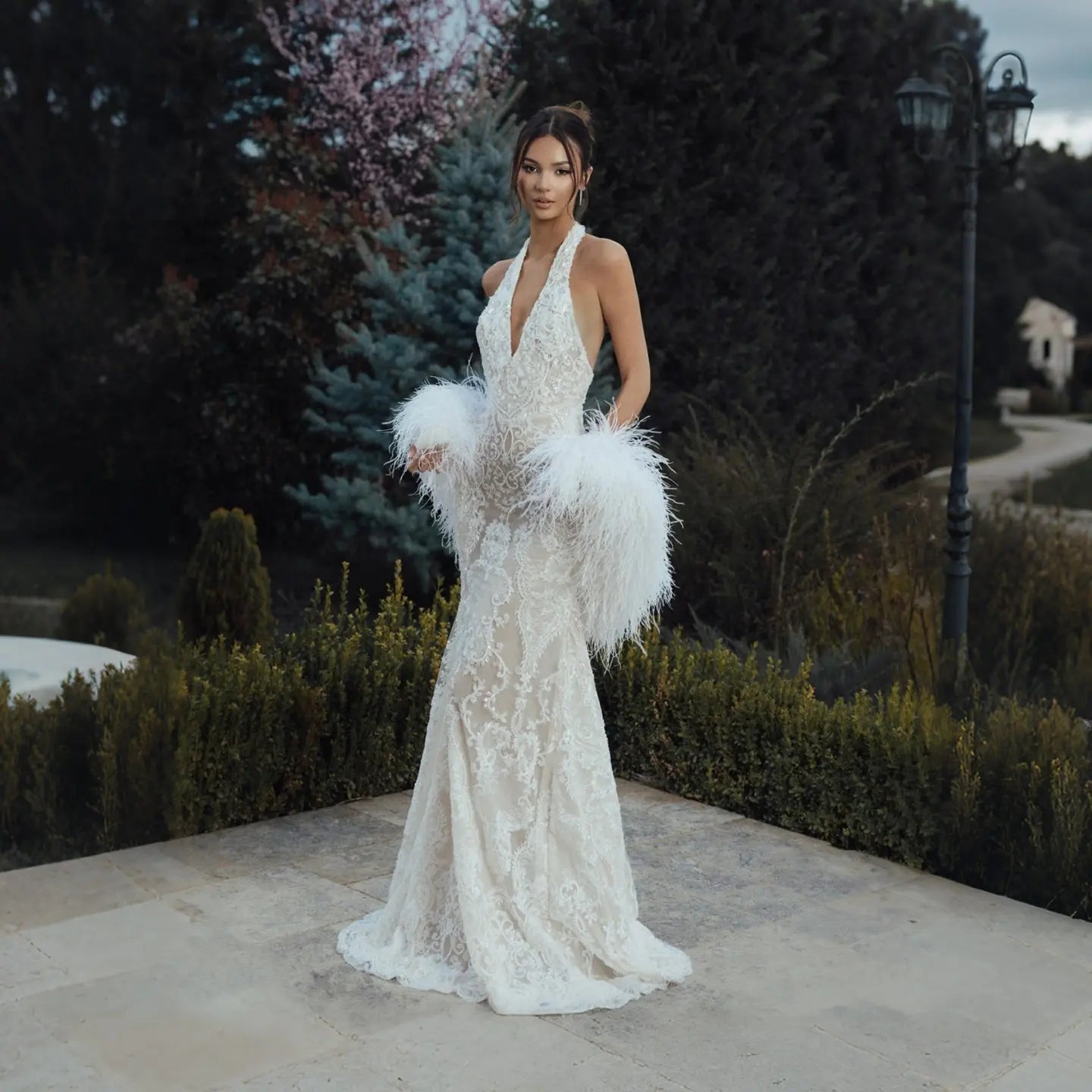 White Halter Backless Lace Mermaid Wedding Dress with Feather Shawl SW133