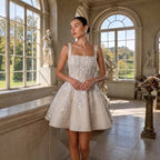 Romantic Champagne Sleeveless A-Line Short Wedding Dress with Deep V Back SW725