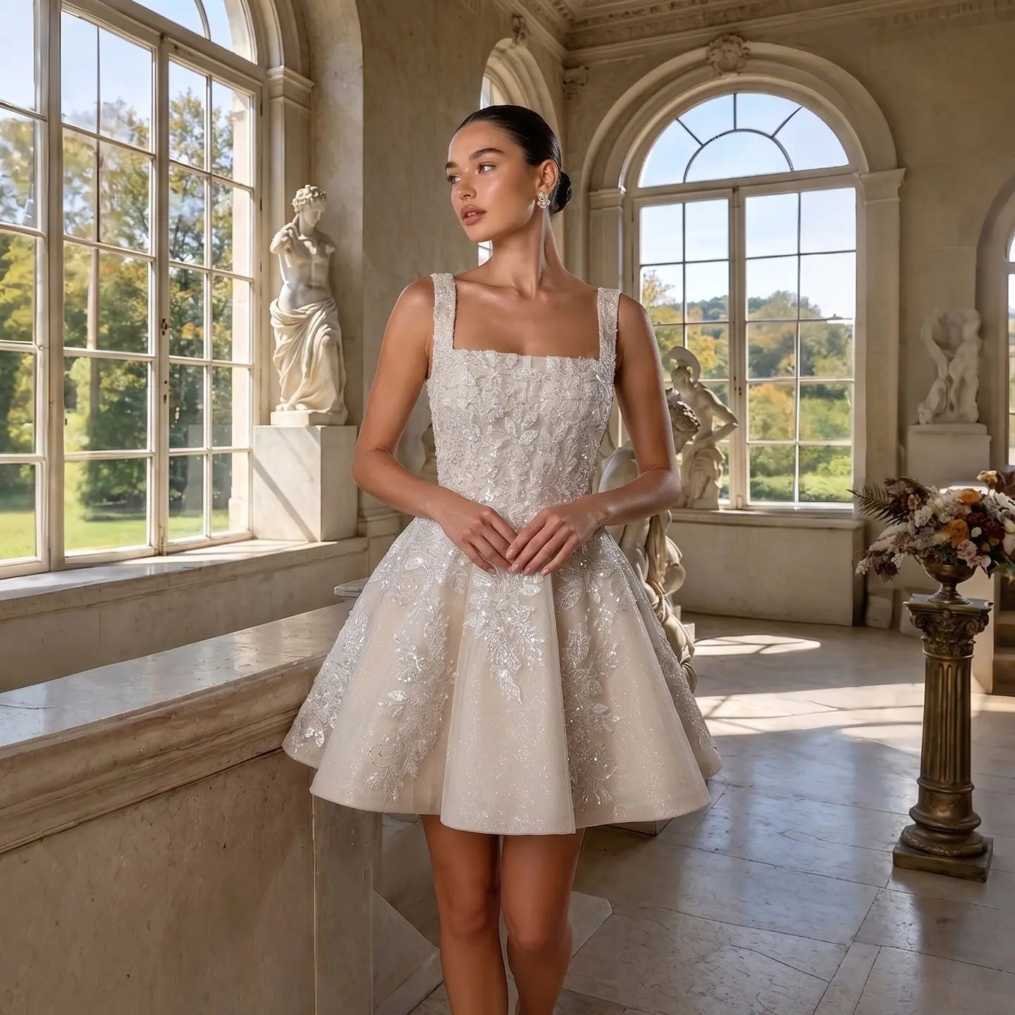 Romantic Champagne Sleeveless A-Line Short Wedding Dress with Deep V Back SW725