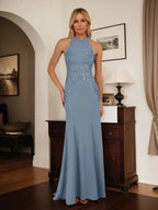 Dusty Blue Sheath Halter Long Mother of Bride Dress With Appliques by Dreamylily