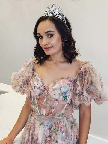 Sydney | A-Linien-Ballkleid aus schulterfreiem Tüll mit Blumenmuster
