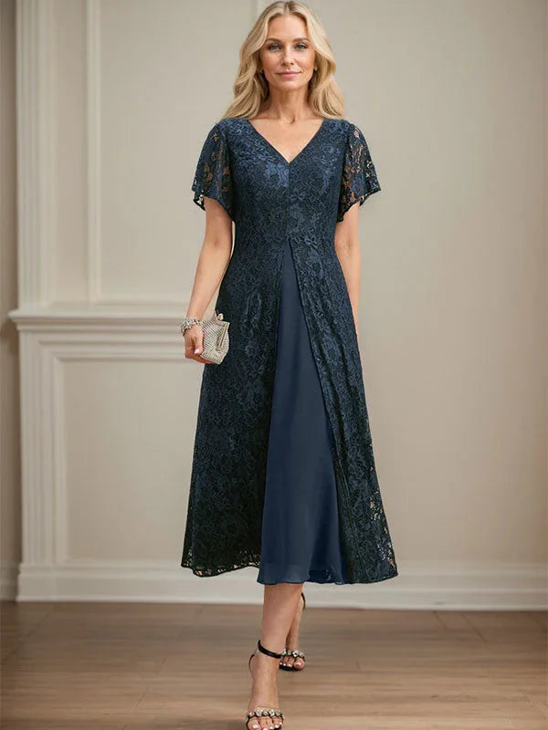 Vestido de gasa con encaje y escote en V para madre de la novia, largo hasta la rodilla 