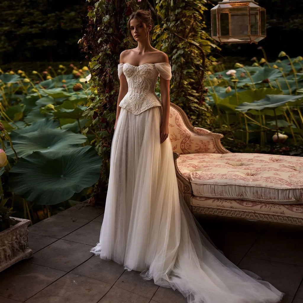 Luxury Ivory Off-the-Shoulder Lace Corset Tulle Train Wedding Dress SW126