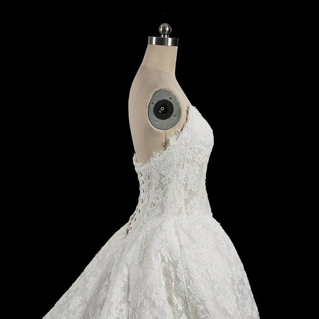White Floral Lace Strapless Bridal Gown Sweetheart Neckline Front Button Ball Gown SW742