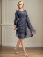 Sheath/Column Scoop Illusion Knee-Length Lace Chiffon Mother of the Bride Dress With Cascading Ruffles Sequins by Dreamylily