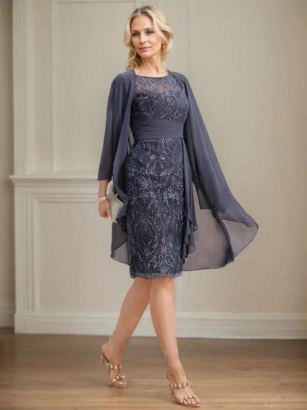 Sheath/Column Scoop Illusion Knee-Length Lace Chiffon Mother of the Bride Dress With Cascading Ruffles Sequins by Dreamylily