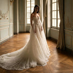 White Sparkly Beaded Corset Tulle Wedding Gown with Long Train SW746
