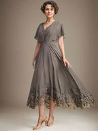 A-line V-Neck Asymmetrical Lace Chiffon Mother of the Bride Dress With Pleated by Dreamylily