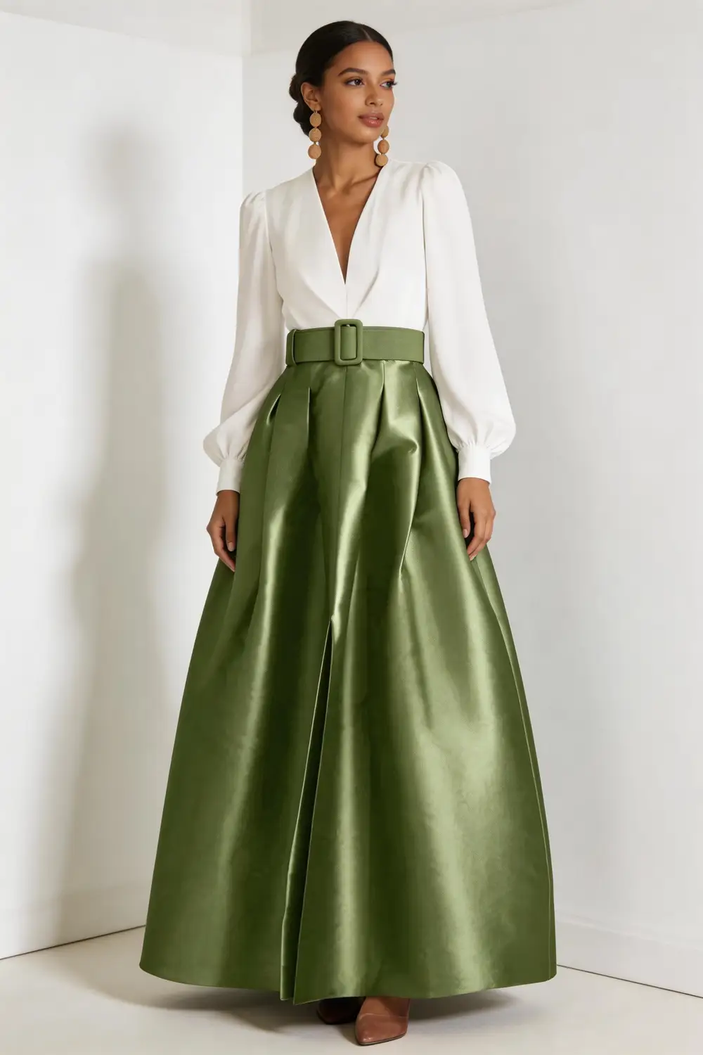 Sage Green Satin High Waist Maxi Skirt, White V-Neck Blouse Two Piece Set by tangjianjun