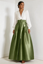 Sage Green Satin High Waist Maxi Skirt, White V-Neck Blouse Two Piece Set by tangjianjun