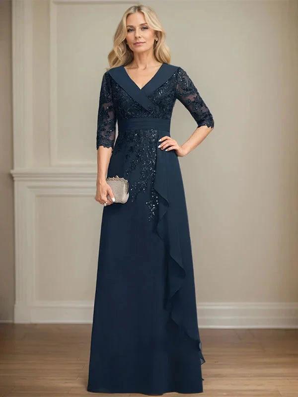 A-line Collared V-Neck Floor-Length Lace Chiffon Mother of the Bride Dress With Sequins Cascading Ruffles by Dreamylily
