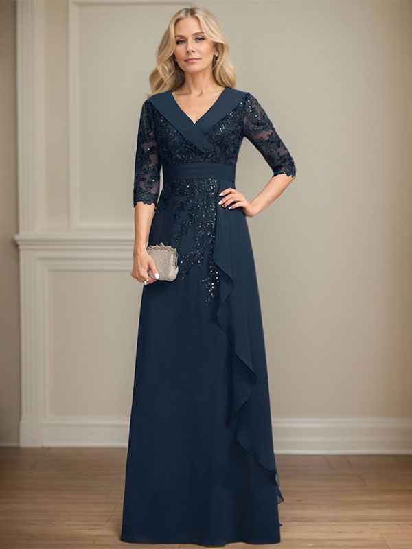 A-line Collared V-Neck Floor-Length Lace Chiffon Mother of the Bride Dress With Sequins Cascading Ruffles Hover Image