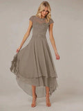 A-line Boat Neck Illusion Asymmetrical Chiffon Lace Mother of the Bride Dress With Applique Pleats by Dreamylily